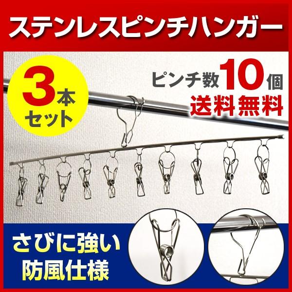 洗濯ハンガー ステンレス ピンチハンガー フラットタイプ 10ピンチ 3個セット 送料無料 さびにくく紫外線劣化による割れなども起きにくい ハンガ−