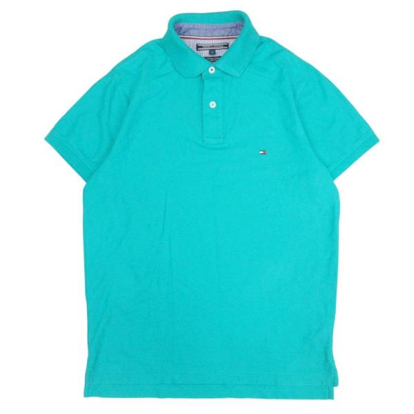 TOMMY HILFIGER トミーヒルフィガー ポロシャツ カットソー シャツ 半袖 フラッグロゴ スリムフィット M 緑 エメラルドグリーン メンズ 古着 中古