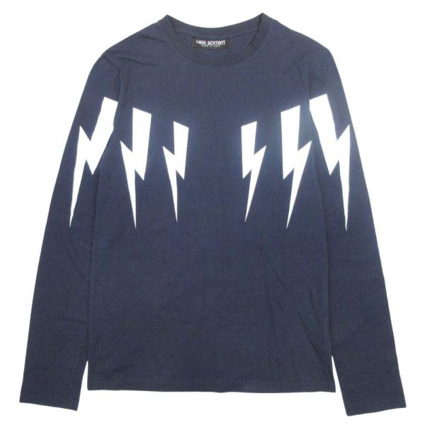 美品 Neil Barrett ニールバレット サンダーボルト 長袖 Tシャツ カットソー トップス ロンT 稲妻 プリント S 紺 ネイビー メンズ 古着 中古