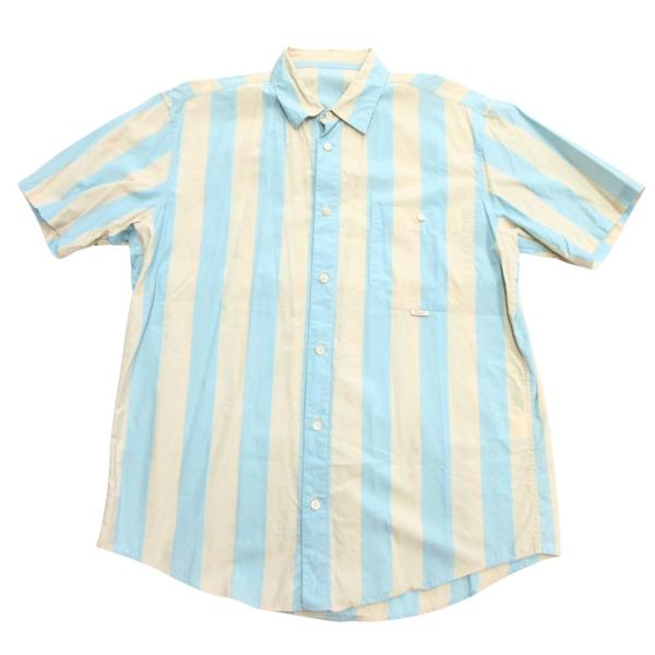 良品 Papas パパス ストライプ シャツ カットソー ブラウス リネン混 ロゴ 半袖 L ブルー×グレー メンズ 古着 中古