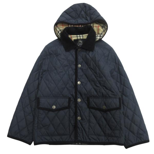 良品 BURBERRY LONDON バーバリー ロンドン キルティング ジャケット ブルゾン 中綿 フード ステンカラー 裏チェック 140A ネイビー キッズ 古着 中古