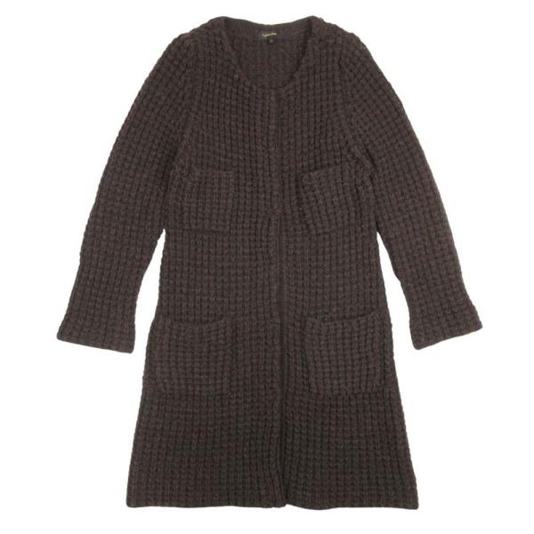 美品 t.yamai paris ティ ヤマイ パリ ニット 畦編み ニット ノーカラー コート ロング カーディガン アウター 1 ブラウン レディース 古着 中古