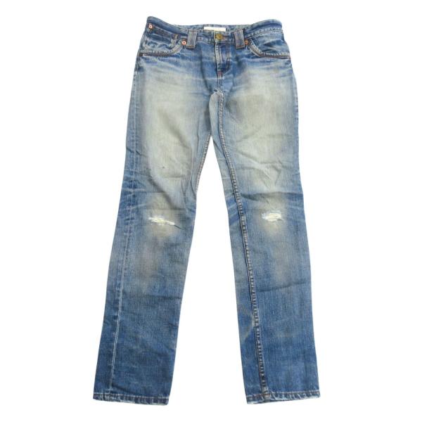 良品 LOWRYS FARM ローリーズファーム デニム ジーンズ パンツ ジーパン テーパード ダメージ加工 青 ブルー系 レディース 古着 中古