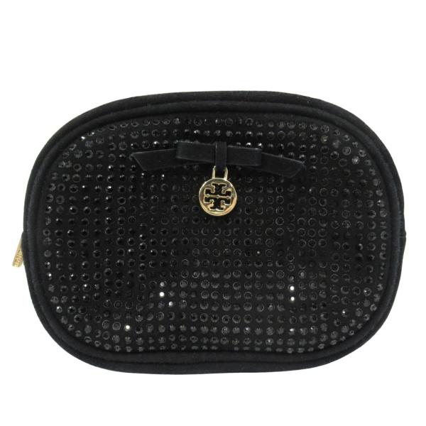 美品 TORY BURCH トリーバーチ スエード レザー ポーチ 小物入れ ロゴ ラインストーン 黒 ブラック レディース 古着 中古