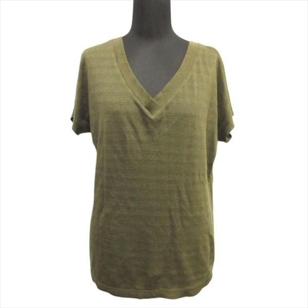 良品 HaaT ISSEY MIYAKE ハート イッセイミヤケ リネン ニット カットソー Tシャツ Vネック ドレープ サイズ2 カーキ レディース 古着 中古