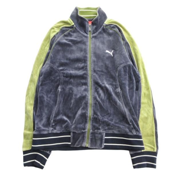 良品 PUMA プーマ ベロア トラック ジャケット ブルゾン ボア ジップアップ ロゴ サイズ0 グレー×グリーン メンズ 古着 中古