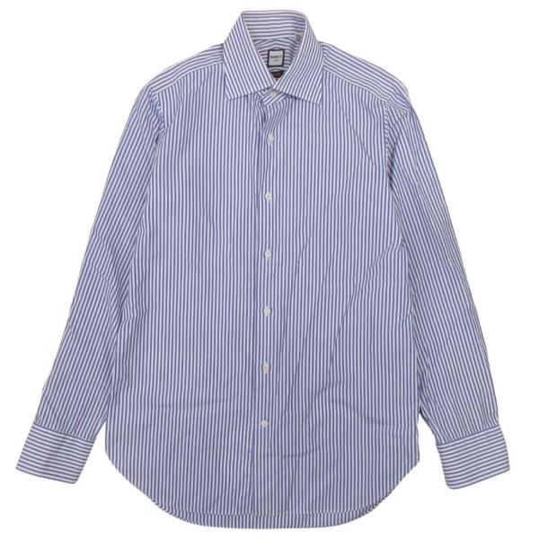 美品 BEAMS F ビームスエフ ストライプシャツ ドレスシャツ 長袖 スリムフィット セミワイドカラー 15/38 青 白 ホワイト メンズ 古着 中古