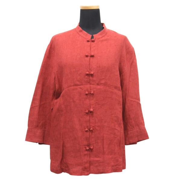 美品 Mademoiselle NON NON マドモアゼルノンノン リネン チャイナ シャツ ブラウス カットソー 七分袖 スタンドカラー M 朱色系 レディース 古着 中古