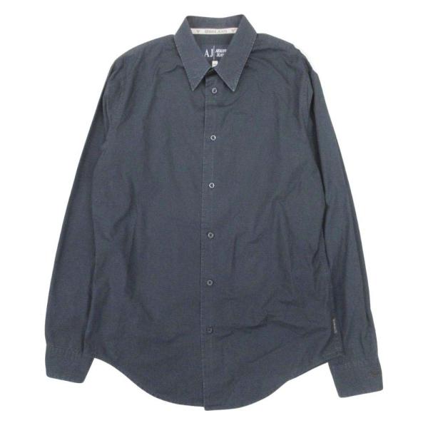 ARMANI JEANS アルマーニジーンズ コットンブロード ドレスシャツ トップス カットソー ロゴ刺繍 長袖 M 紺 ネイビー メンズ 古着 中古