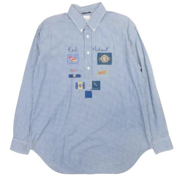 美品 Karl Helmut カールヘルム パッチ ギンガムチェック プルオーバーシャツ カットソー トップス ハーフボタン L 紺 ネイビー メンズ 古着 中古