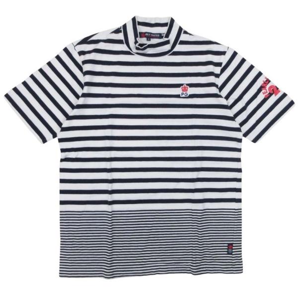美品 PEARLY GATES パーリーゲイツ ボーダー モックネック Tシャツ ゴルフウェア カットソー トップス 半袖 ロゴワッペン 4 白 紺  メンズ 古着 中古