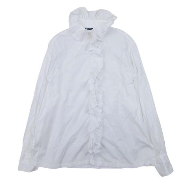 良品 RALPH LAUREN ラルフローレン ラッフルフリル リボン ブラウス シャツ カットソー トップス コットン 長袖 2 白 ホワイト レディース 古着 中古