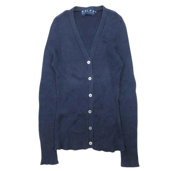 RALPH LAUREN ラルフローレン コットン リブニット カーディガン カットソー 羽織 トップス Vネック 長袖 M 紺 ネイビー レディース 古着 中古