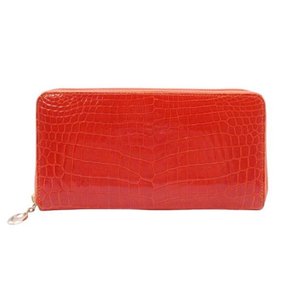 良品 no brand ノーブランド クロコダイルレザー エナメル 長財布 ラウンドジップ ロングウォレット ワニ革 小銭入れ有 オレンジ レディース 古着 中古