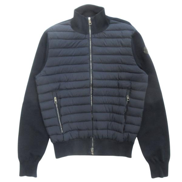 良品 MONCLER モンクレール 18ss マリア トリコ カーディガン ニット ダウン ジャケット ブルゾン 切替 ロゴ レザー M  紺 ネイビー メンズ 古着 中古 USED MONCLER（モンクレール） 良品 18ss マリア トリコ カーディガン