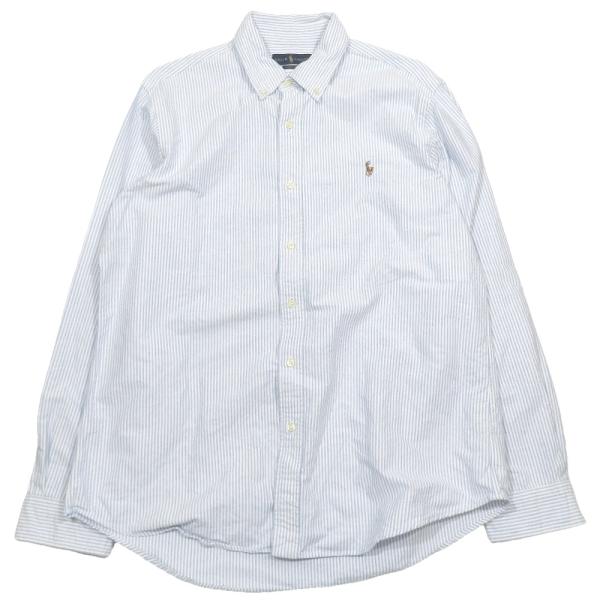美品 RALPH LAUREN ラルフローレン CLASSIC FIT ストライプ シャツ 長袖 ボタンダウン ロゴ ワンポイント LG ライトブルー ホワイト メンズ 古着 中古