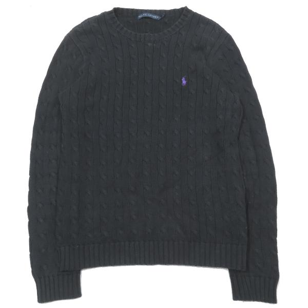 RALPH LAUREN ラルフローレン ケーブルニット コットン セーター ロゴ刺繍 長袖 ラウンドネック カットソー L ブラック 紫 メンズ 古着 中古