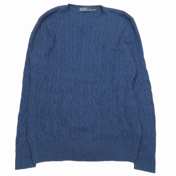 Polo by Ralph Lauren ポロバイラルフローレン シルク ケーブルニット セーター 長袖 ラウンドネック カットソー L ネイビー メンズ 古着 中古