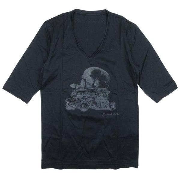 新品同様 TORNADO MART トルネードマート スカル 薔薇 プリント Vネック Tシャツ カットソー 五分袖 コットン 黒 ブラック メンズ 古着 中古