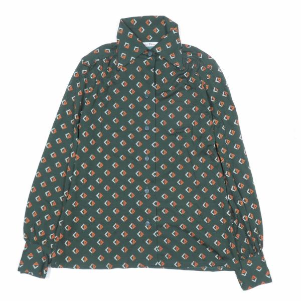 Christian Dior クリスチャンディオール ヴィンテージ CDロゴ 総柄 幾何学柄 ウール100% 長袖 シャツ ブラウス M グリーン レディース 古着 中古