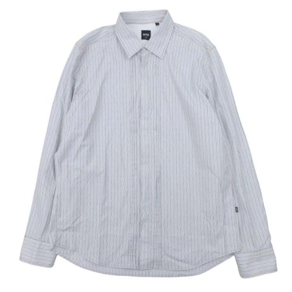 美品 HUGO BOSS ヒューゴボス ストライプ ドレスシャツ ピンタック 比翼 レギュラーカラー 長袖 L 白 ホワイト ベージュ メンズ 古着 中古