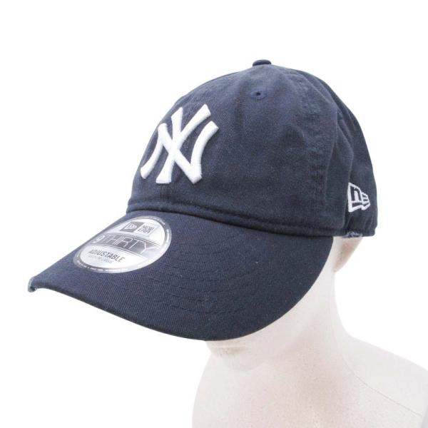 良品 NEW ERA ニューエラ NYヤンキース ロゴ刺繍 ベースボール キャップ 9THIRTY アジャスタブル ダメージ加工 帽子 ML 紺 ネイビー メンズ 古着 中古