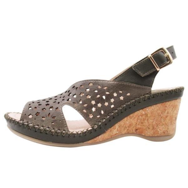 美品 KISCO キスコ カットワークレザー サンダル コルク ウェッジソール シューズ 靴 M/23.0-23.5 カーキブラウン レディース 古着 中古