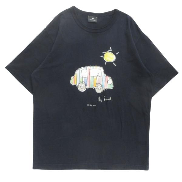 良品 Paul Smith ポール・スミス Drawn by Paul Striped Car プリント Tシャツ カットソー 半袖 丸首 サイズL 黒 ブラック メンズ 古着 中古