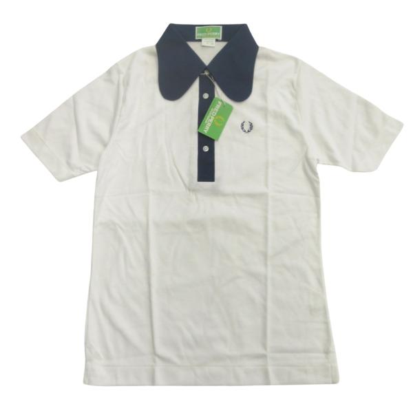 未使用 FRED PERRY フレッドペリー 90's ポロシャツ カットソー ロゴ 刺繍 ヴィンテージ L 白 ホワイト ネイビー レディース 古着 中古