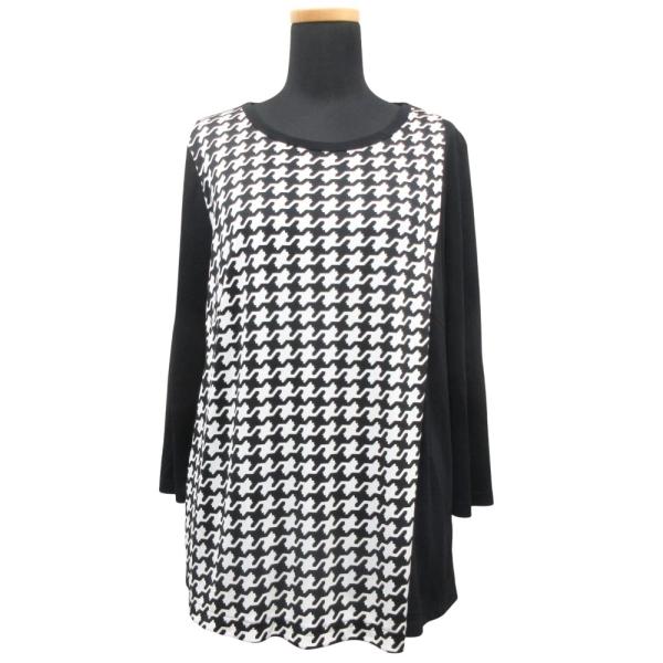 美品 Pierre Cardin ピエールカルダン 千鳥格子 ブラウス シャツ カットソー 長袖 クルーネック 大きいサイズ 44 黒 白 レディース 古着 中古