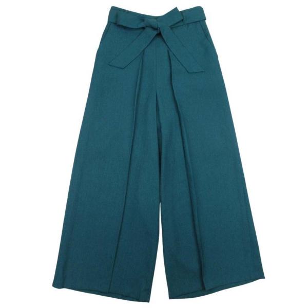 美品 PARIGOT パリゴ ベルテッド ワイドパンツ ボトムス リボン ワンタック センタープレス トラウザーパンツ 38 緑 グリーン レディース 古着 中古