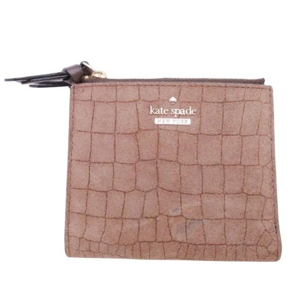 美品 kate spade new york ケイト スペード ニューヨーク クロコ型押し 二つ折り 財布 カウレザー コンパクトウォレット 茶 ブラウン レディース 古着 中古