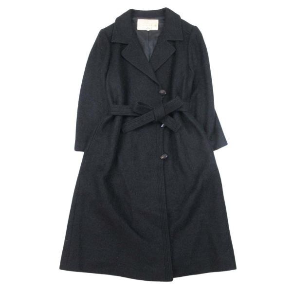 美品 LAPINE ラピーヌ モヘア混 ウール縮絨 チェスターコート ウエストマーク ロング アウター 大きいサイズ 17 黒 ブラック レディース 古着 中古