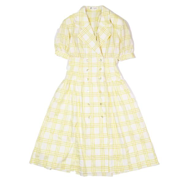 courreges クレージュ ヴィンテージ チェック柄 ショートスリーブ フレア ロング ワンピース ドレス イエロー ホワイト レディース 古着 中古