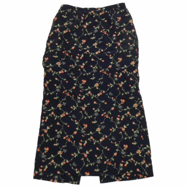 美品 EVEX by KRIZIA エヴェックス バイ クリツィア 花柄 Iライン セミタイトスカート ロング マキシ丈 バックスリット 42 ネイビー レディース 古着 中古
