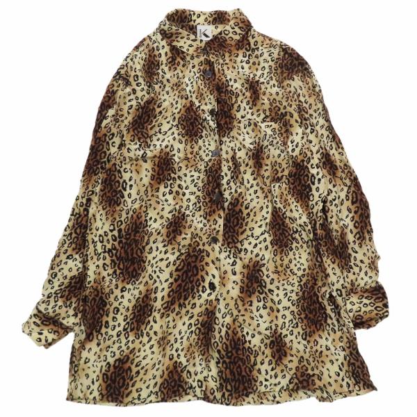美品 K OF KRIZIA K・オブ・クリツィア シルク100％ レオパード シャツ ブラウス 長袖 サイドスリット カットソー 40 ブラウン レディース 古着 中古