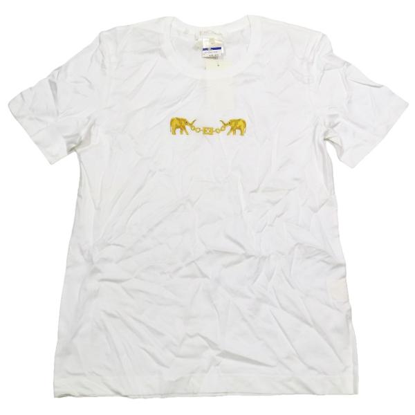 未使用 ESCADA エスカーダ Tシャツ 半袖 ラウンドネック 刺繍 ロゴ ゾウ カットソー コットン 38 ホワイト レディース 古着 中古