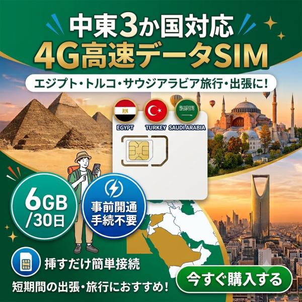 【物理SIM】中東3か国 中東多国 4G/LTE SIMカード サウジアラビア エジプト トルコ 6GB/30日 プリペイド SIM シムカード 定額通信 ローミング 観光 ビジネス出張