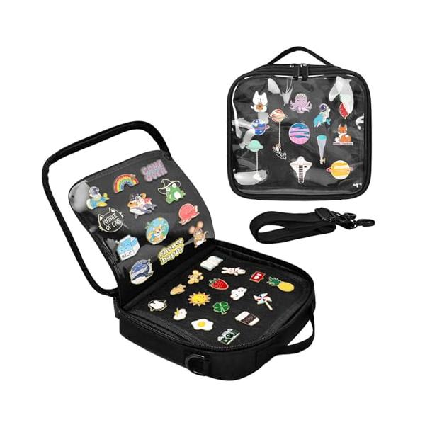 モダンブラック/6 Page Pin Display Board/1・ポータブル ピンバッジ ケース - 8.6 x 7.4 x 1.9インチ。絶妙なサイズのポータブル ピンバッジ 飾る は、手で持ち運ぶことも、肩に担いで運ぶこともできます...