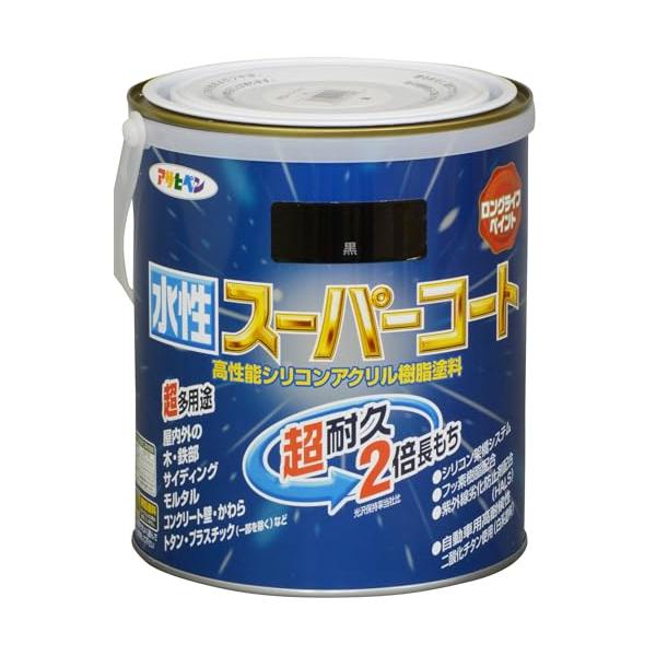 アサヒペン 水性スーパーコート 1.6L 黒 塗料 ペンキ シリコンアクリル塗料 ツヤあり 1回塗り 超耐久 多用途 さび止め剤配合 防カビ剤配