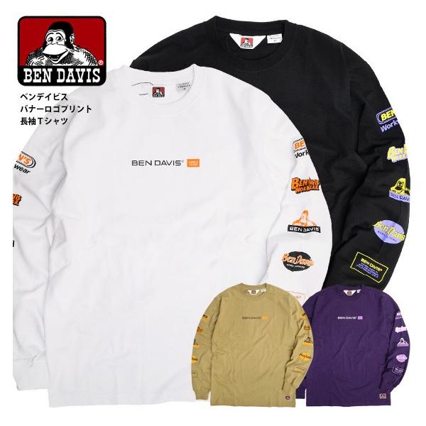 BEN DAVIS Tシャツ ベンデイビス 2020AW バナー ロゴ プリント 長袖Tシャツ メンズ ブランドロゴ 袖プリント ロンT ベンデイヴィス 袖ロゴ リブ袖 BEN-1623