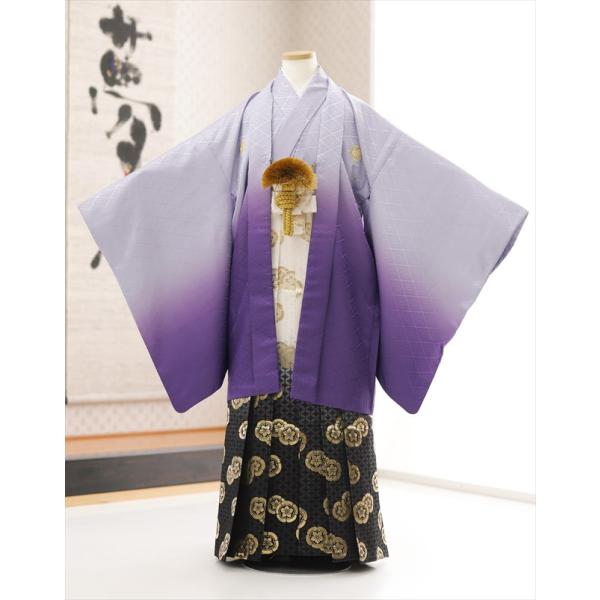 10歳 男の子 ジュニア 羽織袴レンタル d1107 男の子 フルセット 子供袴 着物レンタル ９歳〜１２歳 小学生 1/2成人式 卒業式 結婚式 イベント 発表会 きれいな紫ぼかしに白×黒金袴【サイズ】身長…140cm〜150cm位【素　...