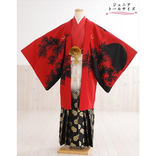160cm前後対応 小学校卒業式 ジュニア紋付袴レンタル 男 jbmo099-4【フルセット】大きめ12歳前後 小学生 羽織袴 男性着物 貸衣装 kimono イベント 和服 往復送料無料 「modern clasicc」ブランド 赤地慶び...