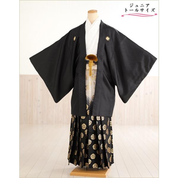 160cm前後対応 小学校卒業式 ジュニア紋付袴レンタル 男 jbmo805-4【フルセット】大きめ12歳前後 小学生 羽織袴 男性着物 貸衣装 kimono イベント 和服 往復送料無料 「黒地羽織に武田菱×白地着物」 【サイズ】身長…1...