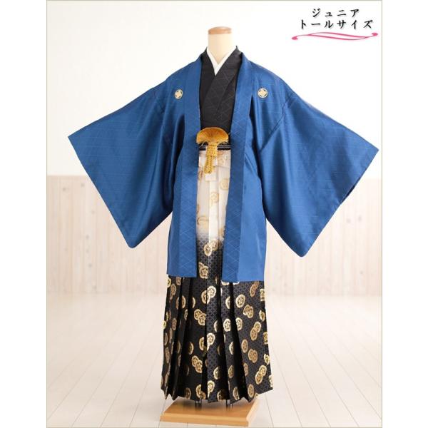 160cm前後対応 小学校卒業式 ジュニア紋付袴レンタル 男 jbmo809-4【フルセット】大きめ12歳前後 小学生 羽織袴 男性着物 貸衣装 kimono イベント 和服 往復送料無料 「蒼紺羽織に武田菱×黒地着物」 【サイズ】身長…1...
