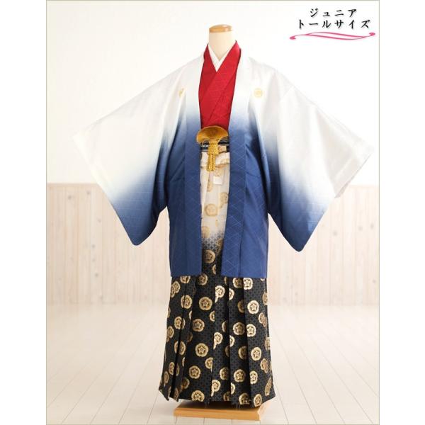 160cm前後対応 小学校卒業式 ジュニア紋付袴レンタル 男 jbmo810-4【フルセット】大きめ12歳前後 小学生 羽織袴 男性着物 貸衣装 kimono イベント 和服 往復送料無料 「白紺ぼかし武田菱×赤地着物」 【サイズ】身長…1...