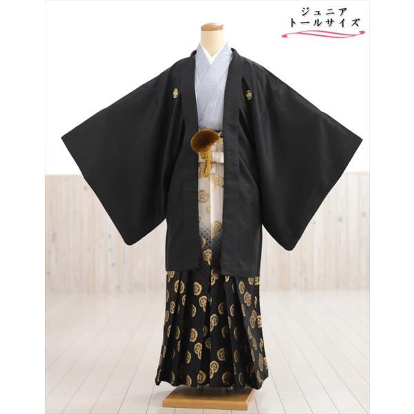 160cm前後対応 小学校卒業式 ジュニア紋付袴レンタル 男 jbmo820-4【フルセット】大きめ12歳前後 小学生 羽織袴 男性着物 貸衣装 kimono イベント 和服 往復送料無料 「黒地羽織に武田菱×グレー着物」 【サイズ】身長…...