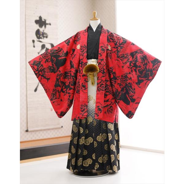 卒業式 袴レンタル 小学校 男 ジュニア jmo169 小学生 紋付袴レンタル フルセット 羽織袴 袴 男性着物レンタル １２歳 十三参り 小学校卒業式 結婚式 イベント 和服 往復送料無料 赤地アートモダン×黒金ぼかし袴【サイズ】対応身長...
