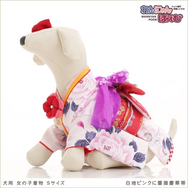 ペット着物レンタル 小型犬 女の子 ksr-008 ペット衣装 犬の着物 dog 動物衣装 往復送料無料 高級生地 かわいい 結婚式 七五三 撮影会 かっこいい「白地ピンクに薔薇慶華帯」【おすすめ用途】 七五三・初詣・結婚式・イベント・撮影...