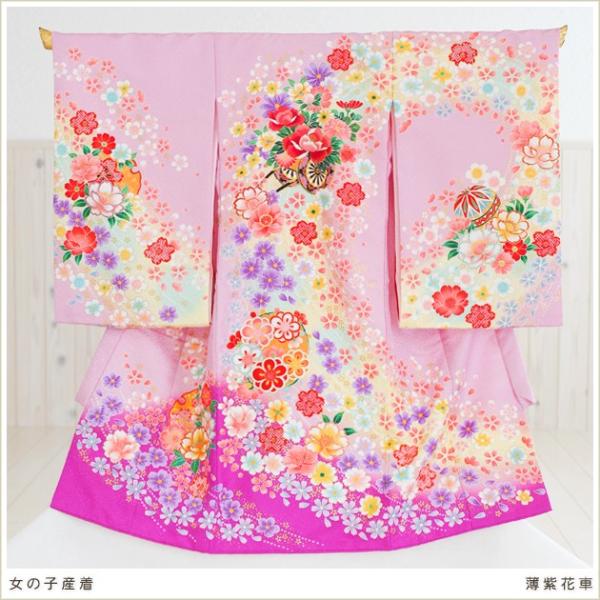 産着レンタル 女の子 mj8013-2  薄紫花車 【帽子よだれかけセット】ベビー 赤ちゃん着物 お宮参り お食い初め 祝着レンタル 着物レンタル 女の子産着 初着 高級 人気 往復送料無料【おすすめ用途】 お宮参り赤ちゃん用の産着レンタル...